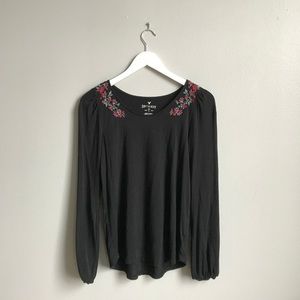 Black AE long sleeve top - rose embroidery - small